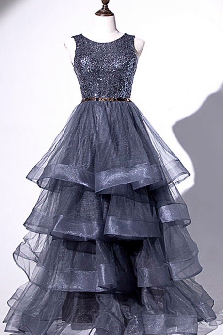 Deep Gray Sequins Tulle V Neck Long Layered Prom Dress, Evening Dress