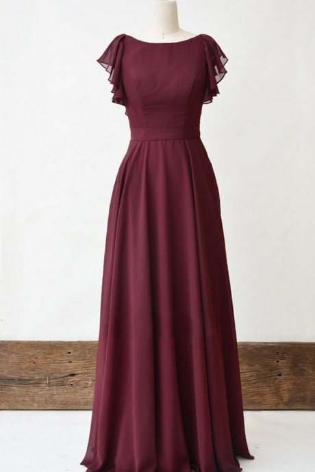 Simple Dark Red Chiffon Long Prom Dress With Cap Sleeve