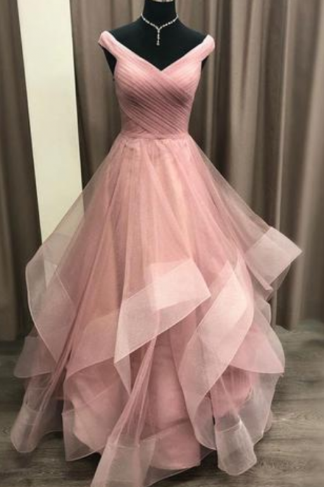 Pink Bling Tulle V Neck Layered Long Evening Dress, Sweet 16 Prom Dress