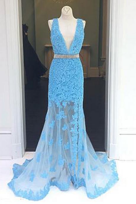 Sky Blue Lace V Neck Beaded Long Prom Dress, Mermaid Evening Dress