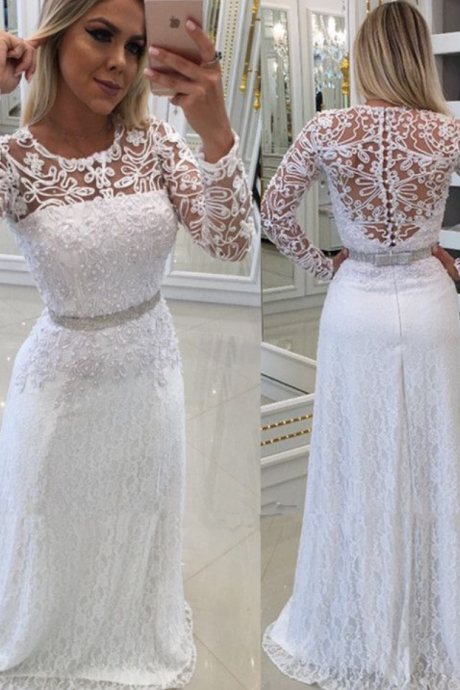 White Scoop Buttons Lace Long-sleeves Evening Dress