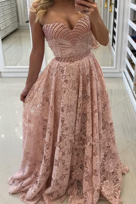 Sweetheart Elegant Long Sheath Pink Lace Prom Dresses