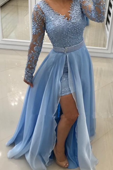 Sky Blue Lace Fashion Long-sleeve Prom Dresses