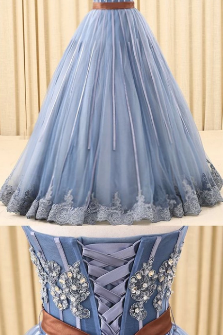A-line Sweetheart Floor-length Tulle Ink Blue Prom Dresses With Rhine Stones ,