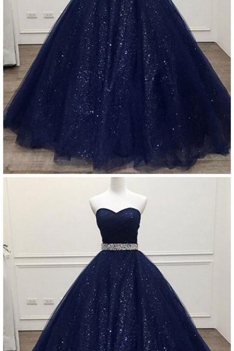 Dark Blue Sweetheart Tulle Long Prom Dress, Blue Tulle Formal Dress