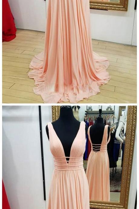 Pink Chiffon Long Prom Dress, Pink Evening Dress