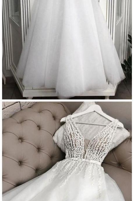 White V Neck Tulle Tea Length Prom Dress, Tulle Evening Dress