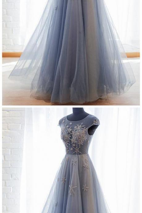 Blue Tulle Lace Long Prom Dress Blue Tulle Formal Dress