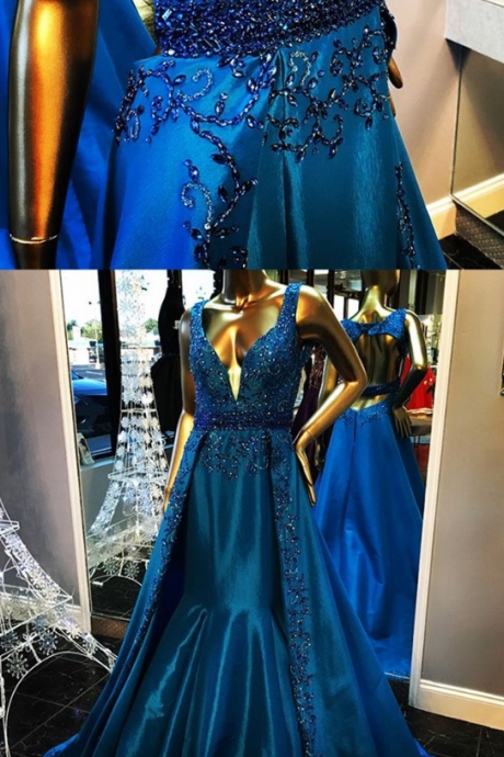 Gorgeous Royal Blue Beading Rhinestone Ball Gown Backless Formal Evening Party Prom Dresses