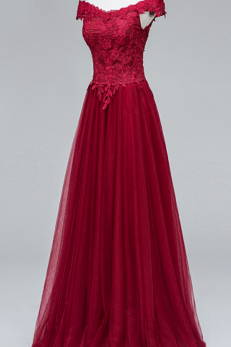 Sexy Burgundy Prom Dress,lace Appliques Tulle Formal Dress, Featuring V Neckline Prom Dresses,and Lace-up Back Evening Dresses