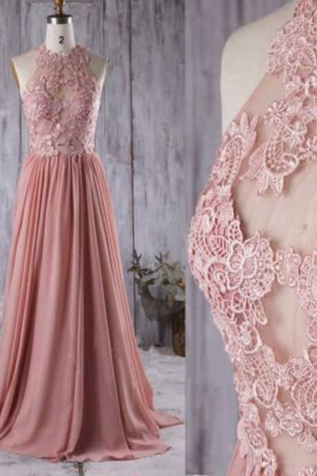 Halter Applique Formal Long Lace Bridesmaid Prom Dresses
