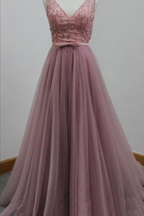 Beautiful Tull Handmade V-neckline Long Prom Dresses, Long Prom Dresses, Tulle Formal Gowns