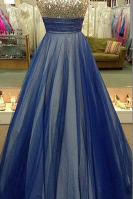 Long Blue Prom Dress, Charming Beaded Prom Dresses, 2017 Formal Evening Gown, Arrive A-line Prom Dress,high Quality Evening Gown