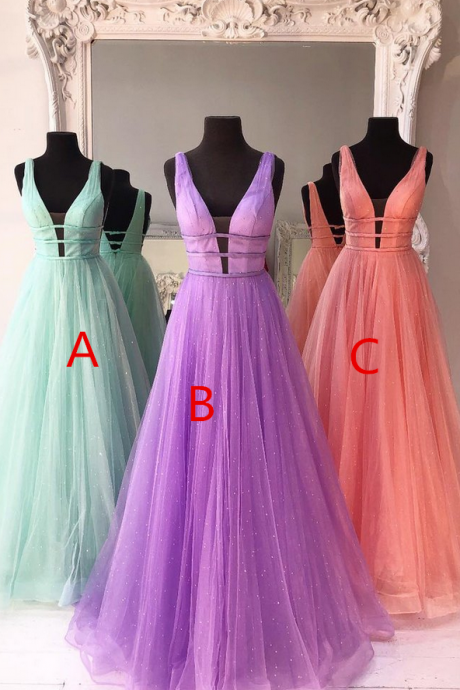 Sparkly A Line V Neck And V Back Mint Green/lilac/coral Prom Dresses With Thin Belt, Mint Green/lilac/coral Formal Graduation Evening Dresses