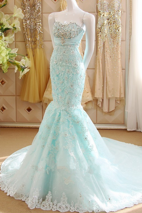  Ice Blue Lace Appliquéd and Beaded Embellished Floor Length Mermaid Prom Gown Featuring Sweetheart Bodice and Chapel Train,