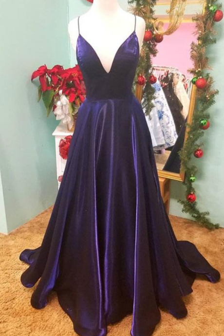  Simple purple v neck satin long prom dress, evening dress, 