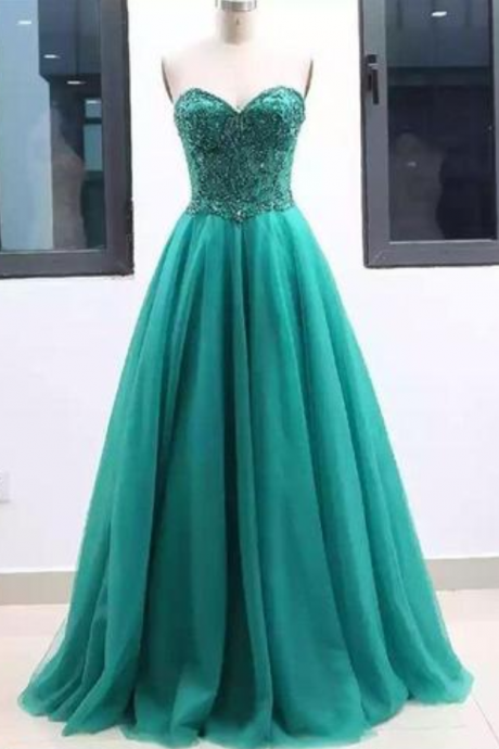 Sweetheart Green Tulle Long A Line Prom Dress, Green Evening Dress,