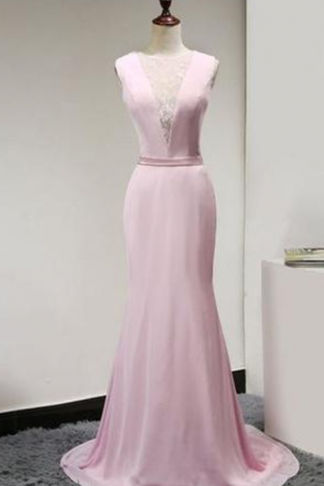 Chic Pink Prom Dress Mermaid Scoop Chiffon Long Prom Dress Evening Dress,