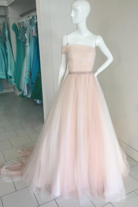 Princess Pink Tulle Off Shoulder A-line Long Senior Prom Dress, Pink Evening Dress With Sleeves,