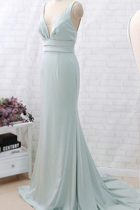  Mermaid Straps V Neck Crepe Pastel Green Formal Evening Gown Bridesmaid Dress