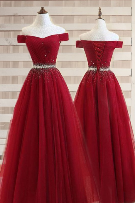 A-line Off The Shoulder Burgundy Tulle Prom Dress With Beading