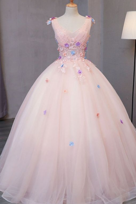 Gorgeous Beautiful Pink Tulle Floor Length V Neck Long Sweet 16 Prom Dress, Long 3d Flower Lace Appliques Graduation Dress