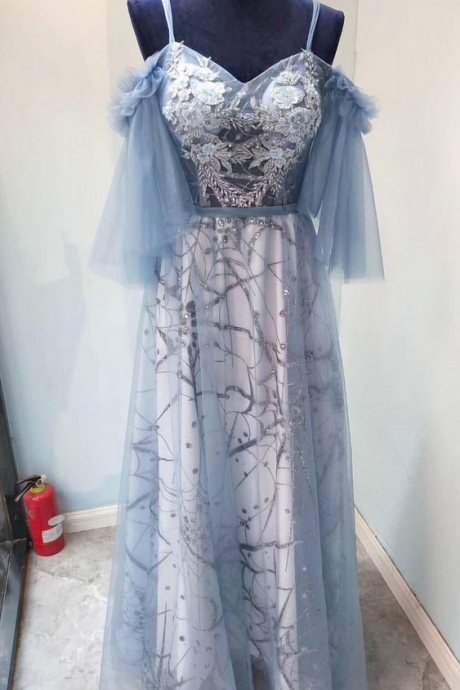 Fairy Blue Sheer Applique Off-the-shoulder Prom Dress,