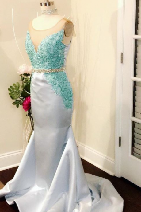 Mermaid Appliques Prom Dress, Beading Belt Evening Dresses