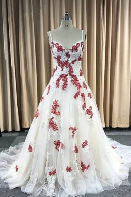 Cute Gorgeous Ivory Tulle Red Lace Applique Long Spaghetti Straps Senior Prom Dress