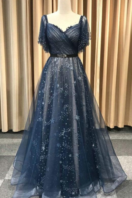 Dark Blue Tulle Long Prom Dress, Blue Tulle Evening Dress,