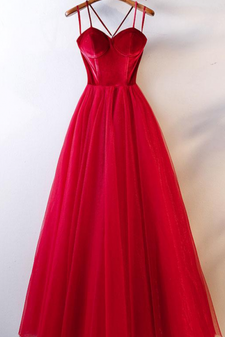 Red Tulle Long Prom Dress, Simple Red Tulle Evening Dress,