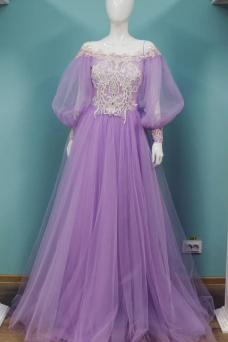Vintage Prom Dresses, Lace Chiffon Lilac Evening Dress,