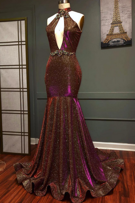 Mermaid High Neck Cut Out Long Prom Dress,