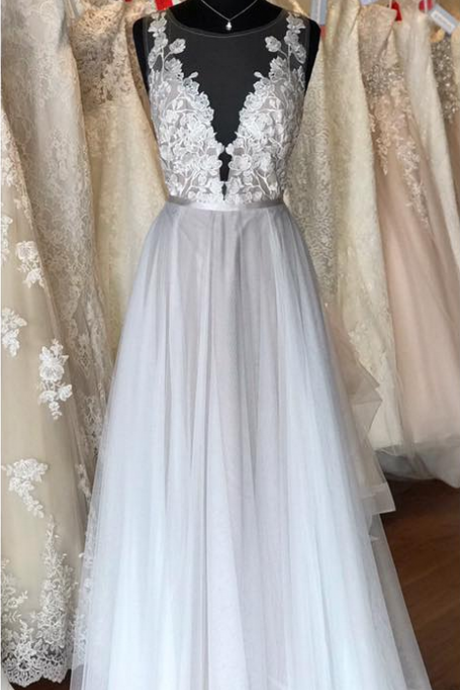 Sleeveless Lace Appliques Long Prom Dresses,