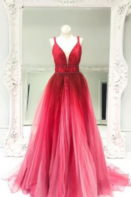 Sleeveless V-neck Long Tulle Prom Dress,