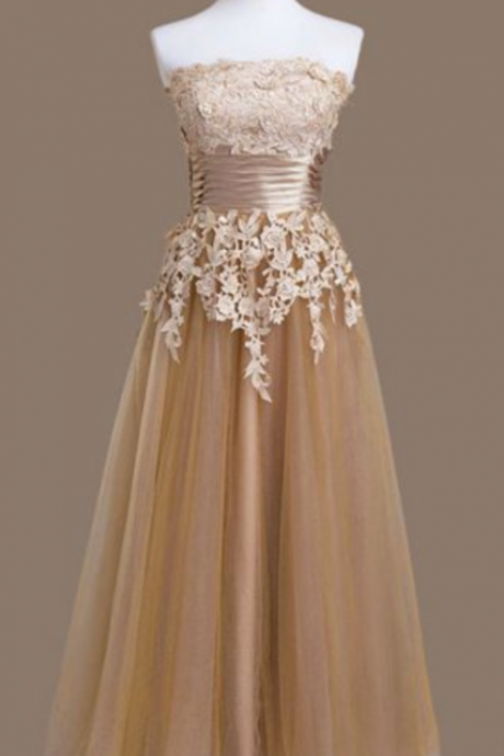 Champagne Prom Dress,a-line Lace Appliques Prom Dresses
