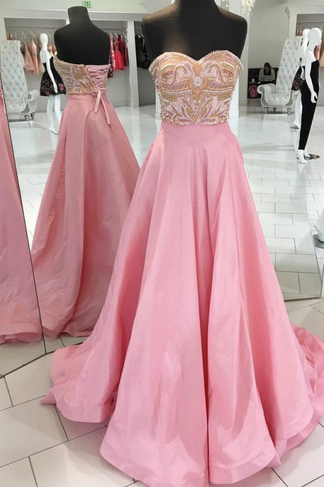 Sweetheart Pink Satin Beaded Customize Long Sweet 16 Prom Dress