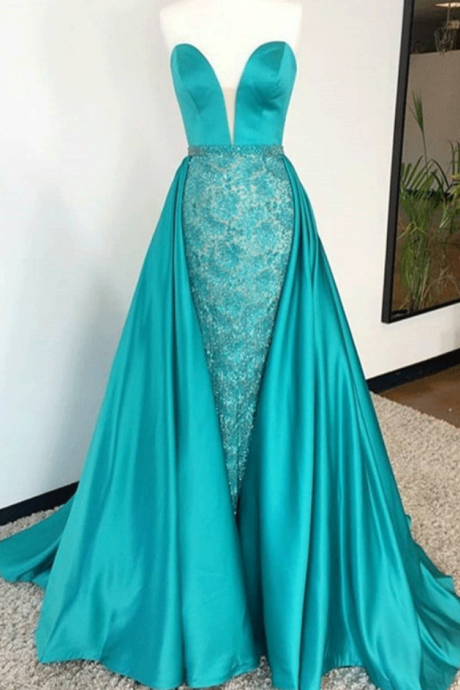 Sweetheart Sheath Floor-length Beaded Turquoise Prom Dress