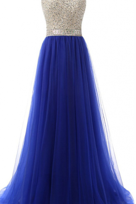 Sexy Sleeveless Crystal Beading Tulle Evening Dress, Royal Blue Long Prom Dress