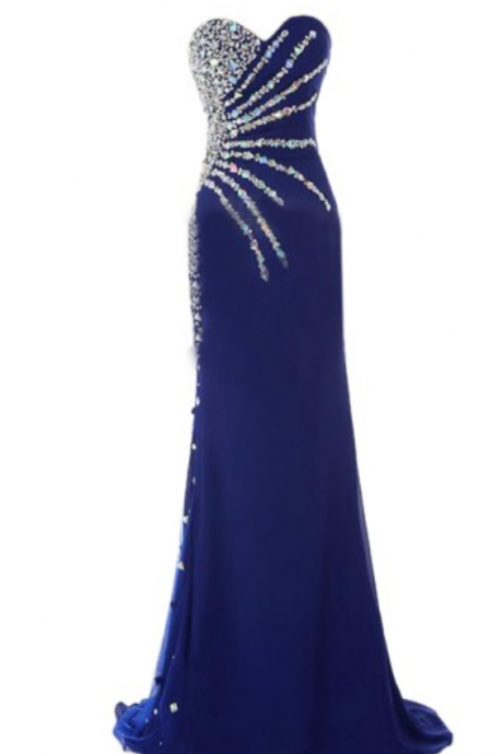 Stunning Sweetheart Sleeveless Beaded Crystal Royal Blue Prom Dresses Mermaid