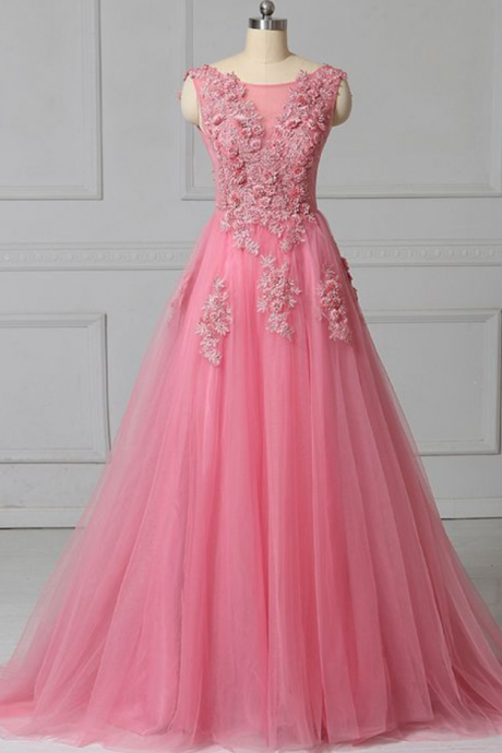 Unique Pink Tulle Scoop Neck 3d Lace Applique Evening Dress, Prom Dress