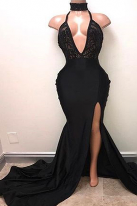 Sexy Black Long Train V-neck Evening Dress, Lace Prom Dress