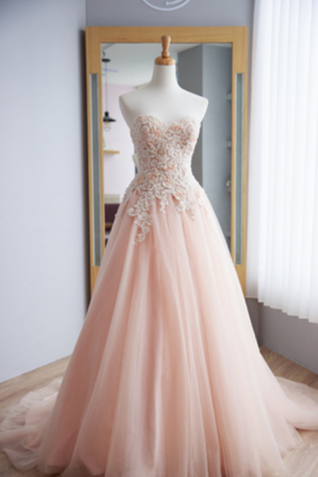 Blush Pink Customize Long Lace Up Senior Prom Dress, Long Tulle Appliques Evening Dress