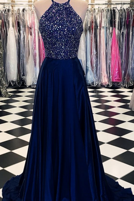 Navy Blue Satin Prom Long Dresses ,crystal Beaded Halter Top Evening Gowns ,luxurious Style Prom Dress