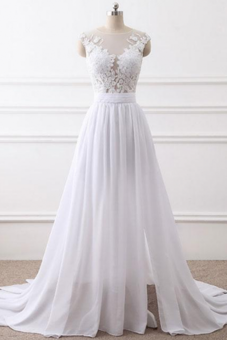 White Round Neck Lace Chiffon Long Prom Dress, White Evening Dress