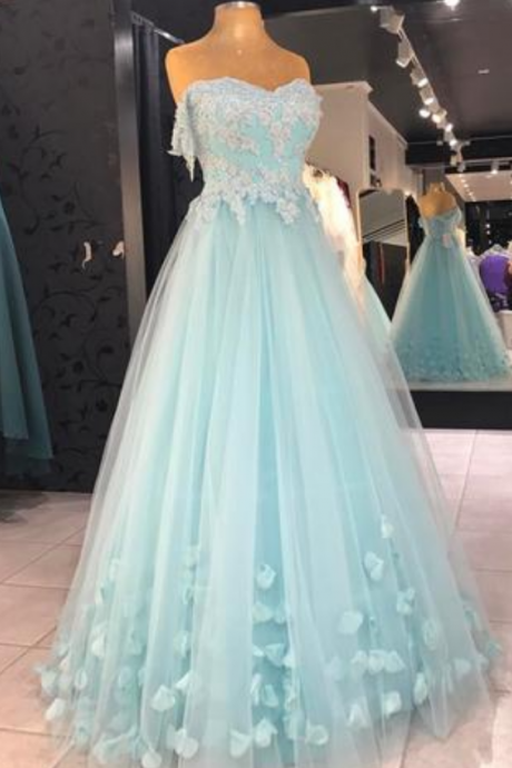 Baby Blue Appliques Prom Dress, Sexy Tulle Prom Dresses, Long Evening Dress
