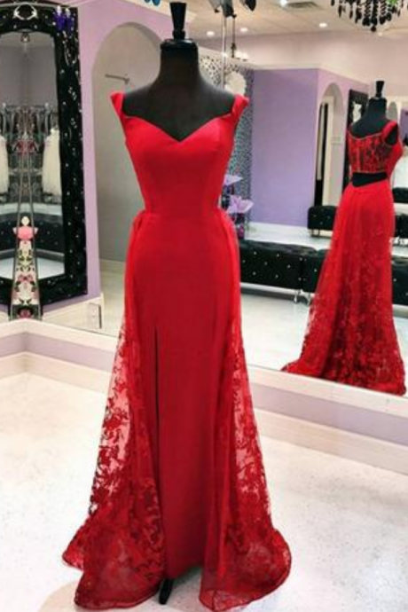 Lace Mermaid Prom Dress, Sexy Appliques Red Prom Dresses, Long Evening Dress