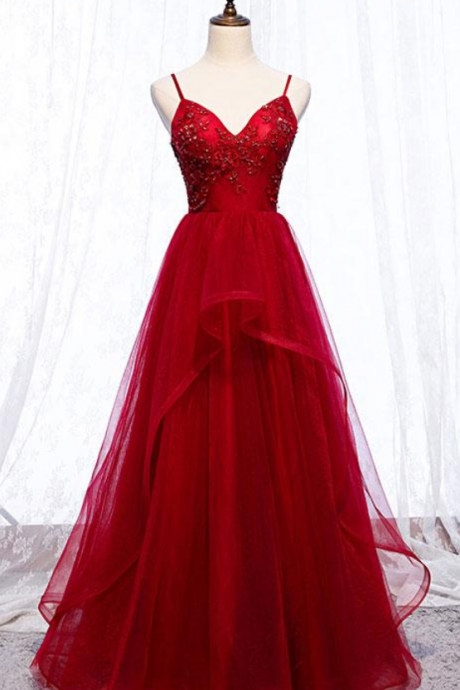 Burgundy Tulle Prom Dress,spaghetti Straps Long V Neck Lace Up Prom Dresses