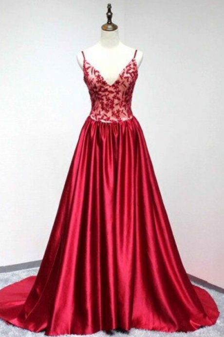 Red Satin Prom Dresses, V-neck A-line Long Formal Dress, Long Evening Dresses , Formal Women Dress, Custom Made , Fashion Long Prom Dress