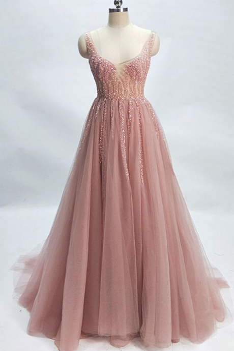Smoking Pink Tulle V Neck Crystal See Through Long Formal Dress, Long Prom Dress,long Prom Dress, Tulle Evening Dresses